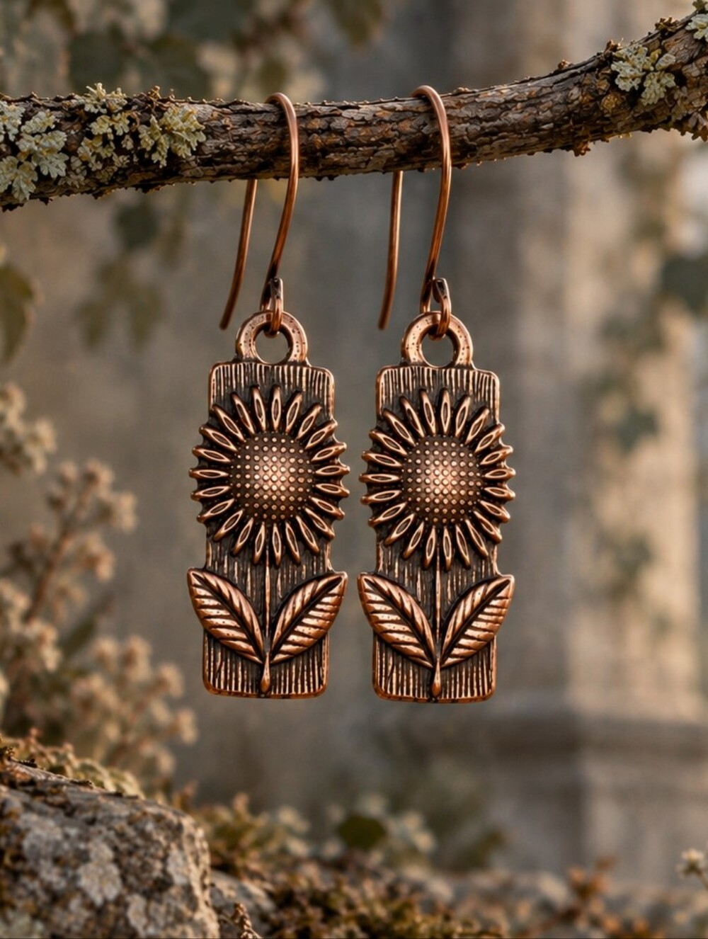 Copper Sunflower Earrings Botanical Rustic Hand Crafted